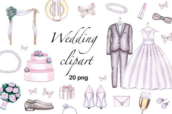 Watercolor Wedding Clipart: 20 PNG Files for Elegant Designs