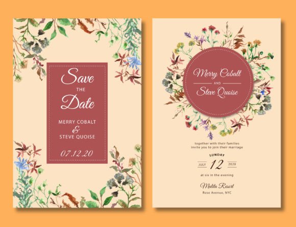 Wedding Invitation with Wild Floral Watercolor Templates